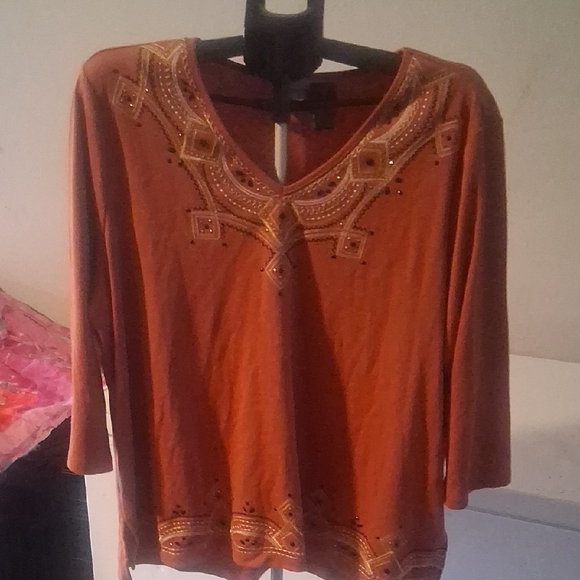 Alfred Dunner Orange Embroidered Beaded V-Neck 3/4 Sleeve Top - Picture 2 of 5
